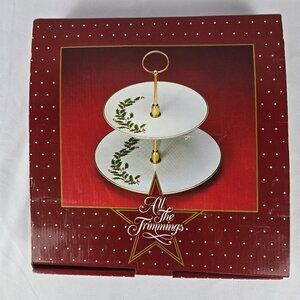 All The Trimmings 2 Tiered Tidbit Server Holly Leaves & Berries Gold Trimmed Vtg